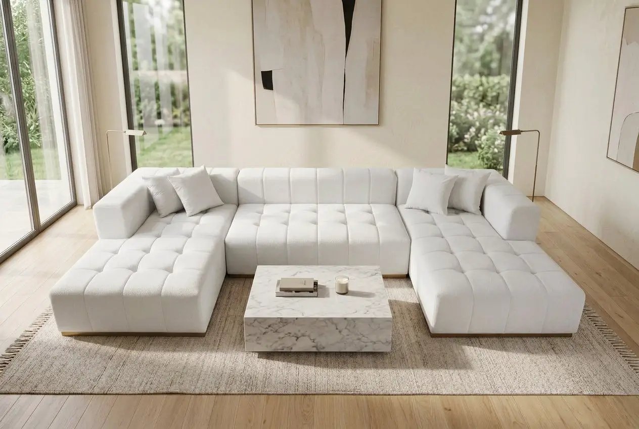 Montecito Ivory Velvet Double Chaise "U" Shape Sectional Sofa by Ornate Furniture