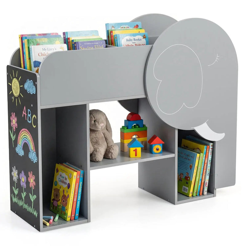 Montessori Bookshelf with Elephant Shape 3-Tier Toddler Toy Storage Organizer-Grey by DirectDeals