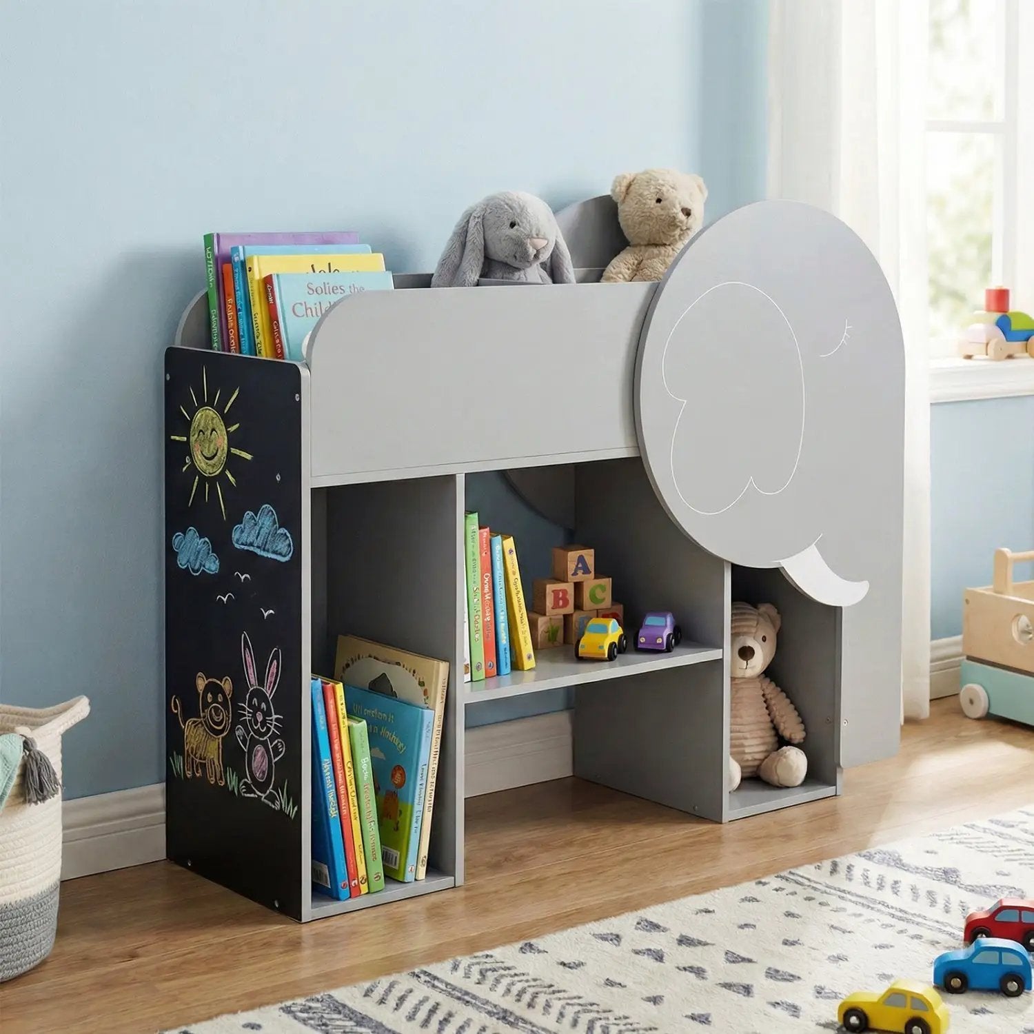 Montessori Bookshelf with Elephant Shape 3-Tier Toddler Toy Storage Organizer-Grey by DirectDeals