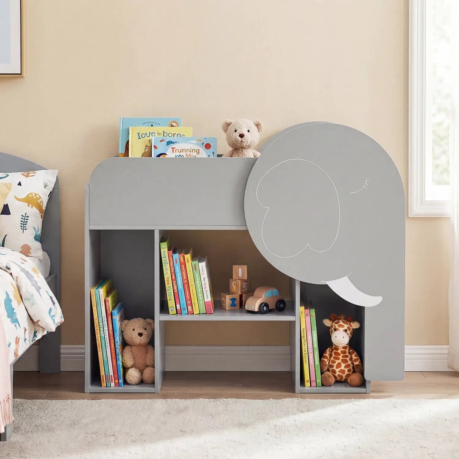 Montessori Bookshelf with Elephant Shape 3-Tier Toddler Toy Storage Organizer-Grey by DirectDeals