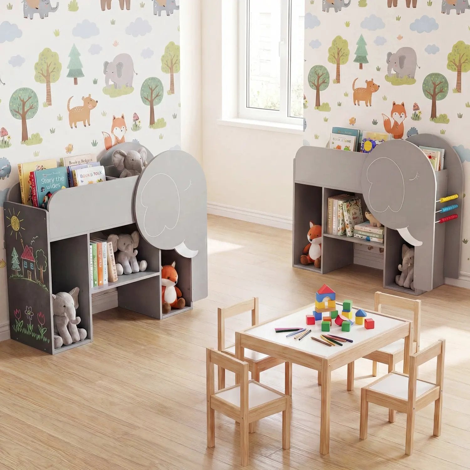 Montessori Bookshelf with Elephant Shape 3-Tier Toddler Toy Storage Organizer-Grey by DirectDeals
