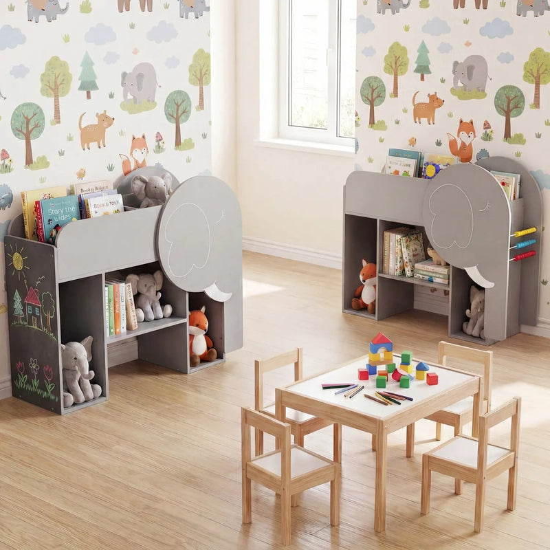 Montessori Bookshelf with Elephant Shape 3-Tier Toddler Toy Storage Organizer-Grey by DirectDeals
