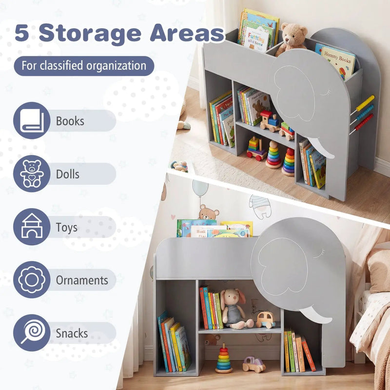 Montessori Bookshelf with Elephant Shape 3-Tier Toddler Toy Storage Organizer-Grey by DirectDeals