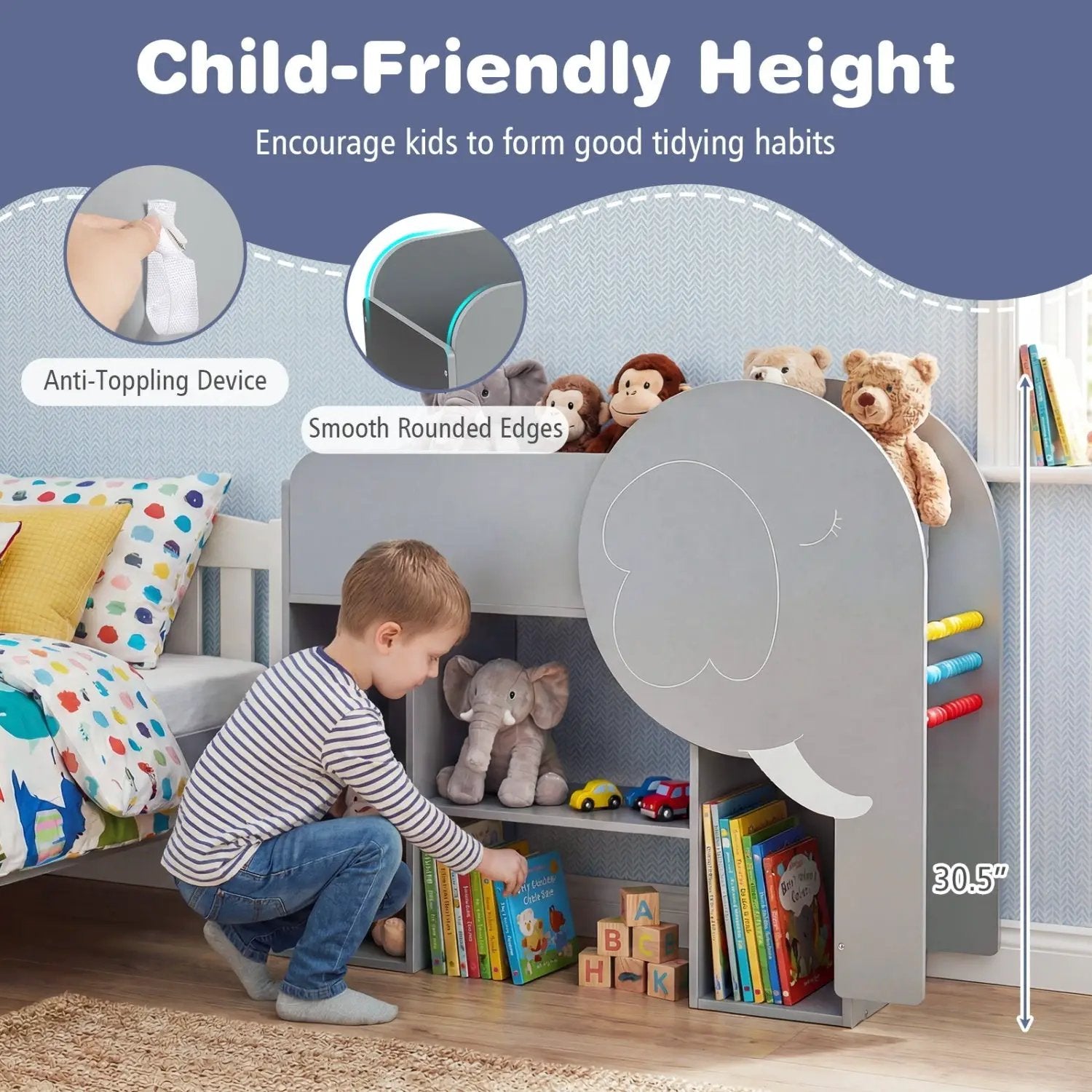 Montessori Bookshelf with Elephant Shape 3-Tier Toddler Toy Storage Organizer-Grey by DirectDeals