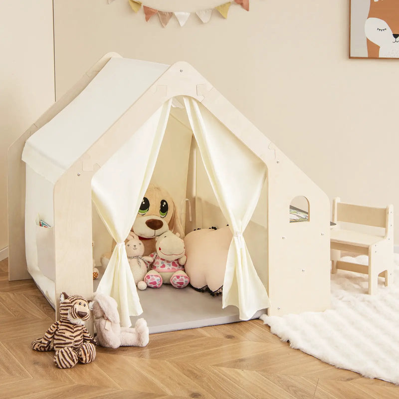 Montessori Style Indoor Playhouse with Storage Bin and Floor Mat for Toddlers Aged 2-6 Years Old-Beige by DirectDeals