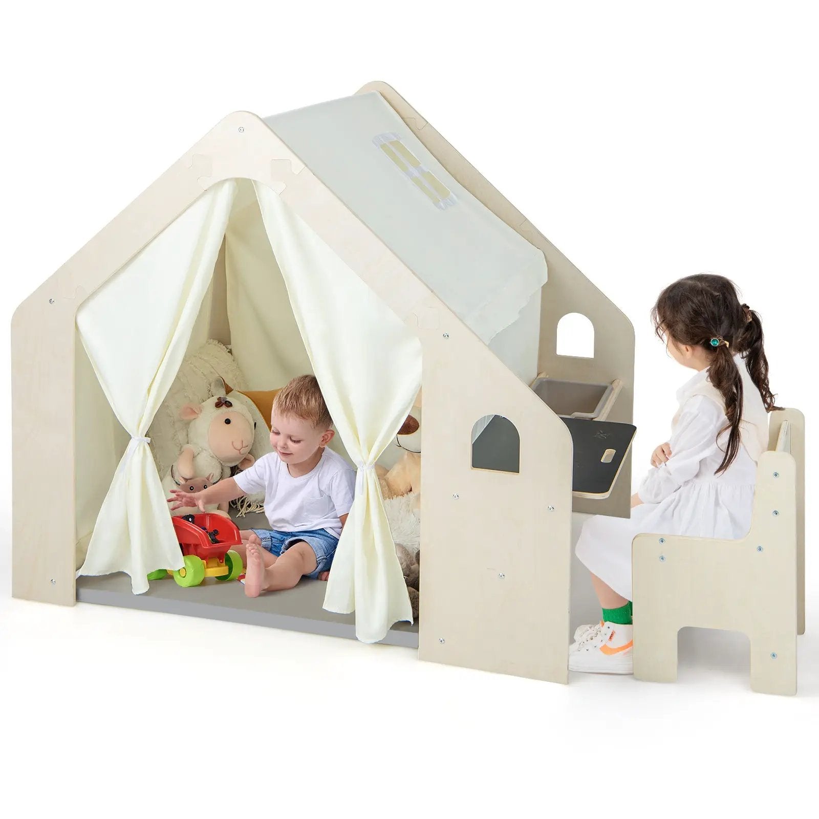Montessori Style Indoor Playhouse with Storage Bin and Floor Mat for Toddlers Aged 2-6 Years Old-Beige by DirectDeals