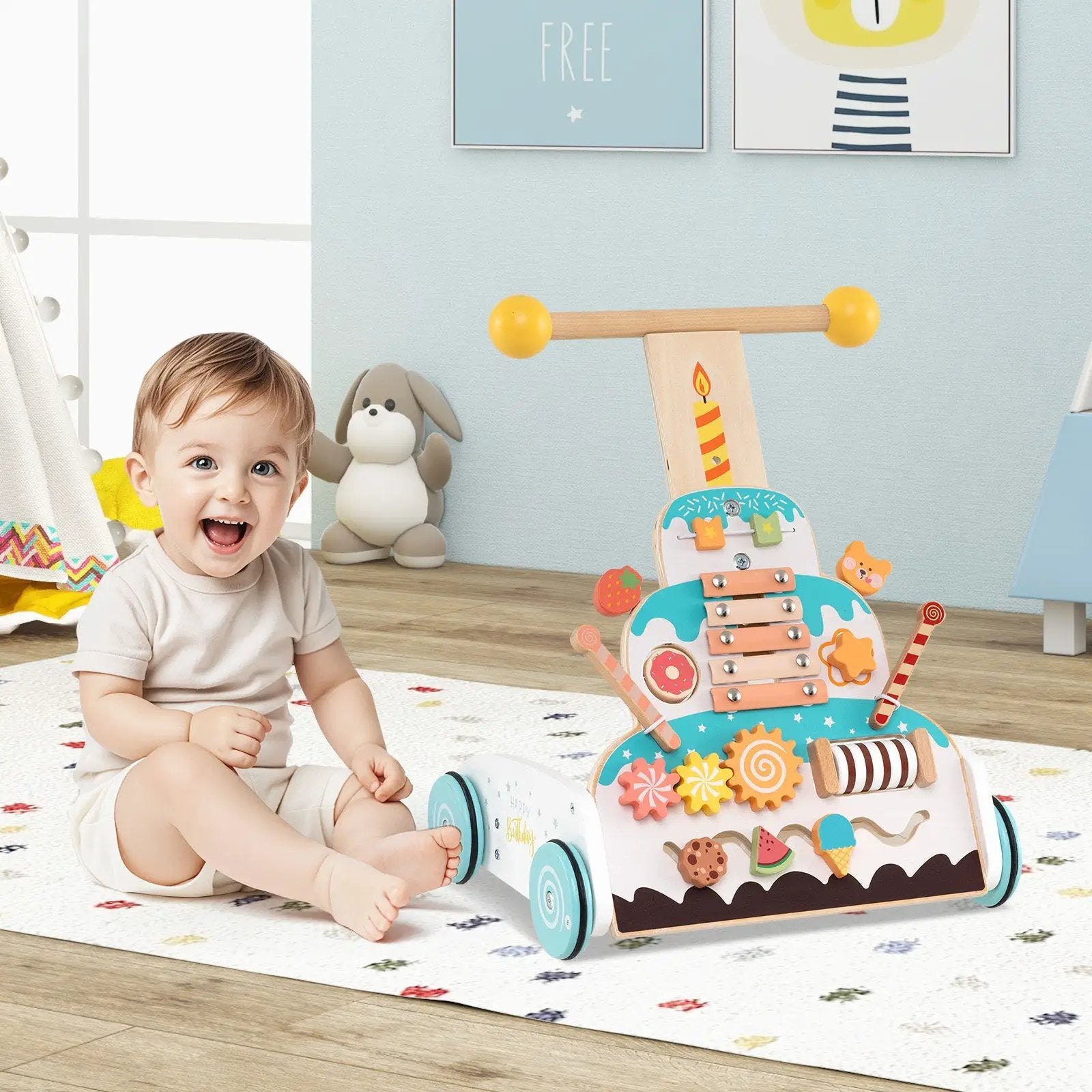 Wooden Baby Walker with Adjustable Heights and Smooth Wheels-White by DirectDeals