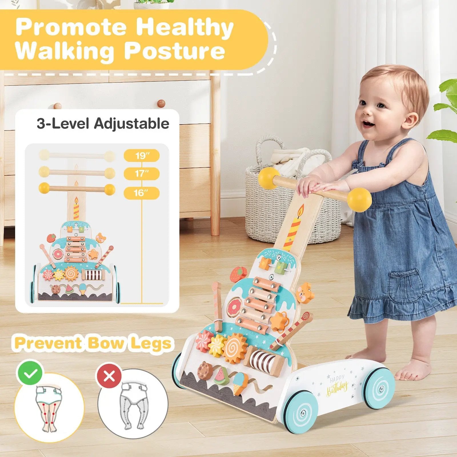 Wooden Baby Walker with Adjustable Heights and Smooth Wheels-White by DirectDeals