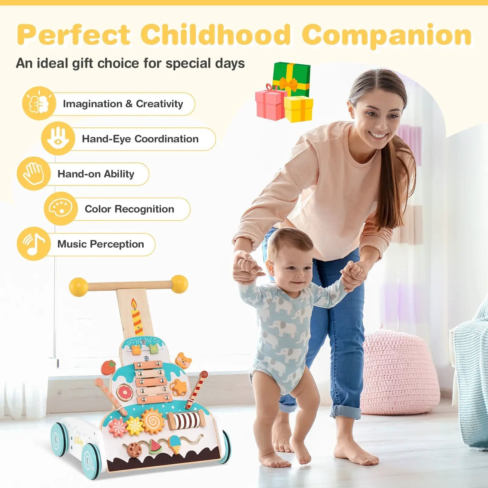Wooden Baby Walker with Adjustable Heights and Smooth Wheels-White by DirectDeals
