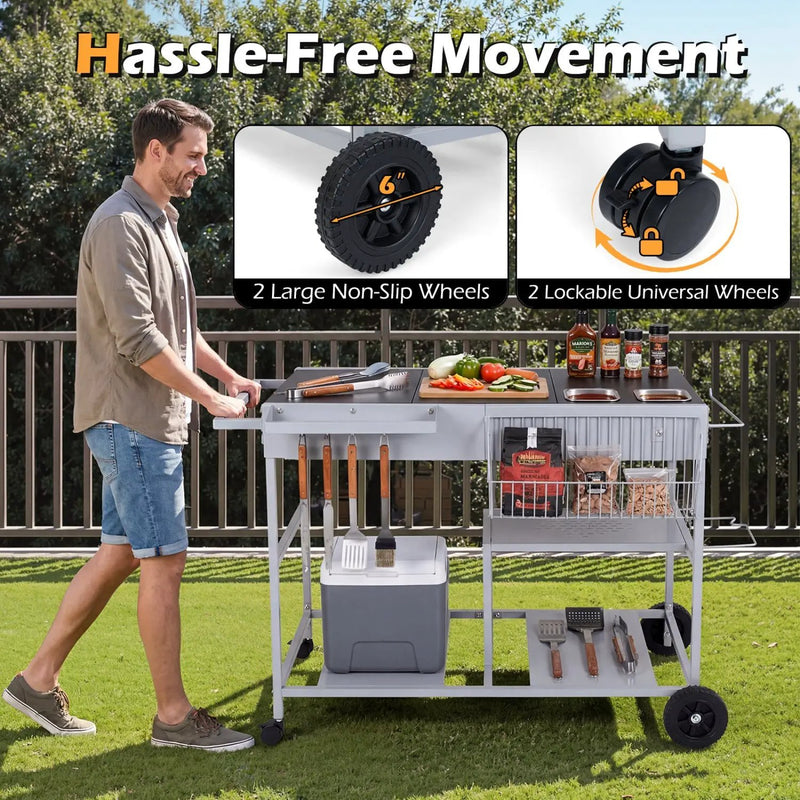 Movable Grill Table with 2 Spice Containers and Station for Backyard and BBQ by DirectDeals