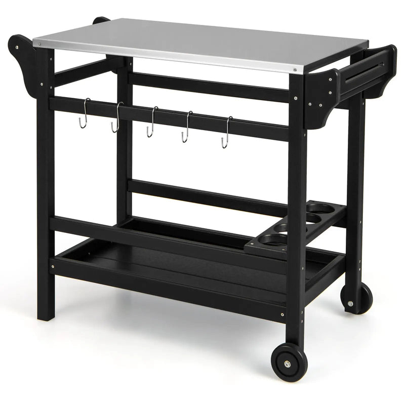Movable Outdoor Dining Cart Table HDPE Pizza Oven Stand Table with Stainless Steel Tabletop-Black by DirectDeals