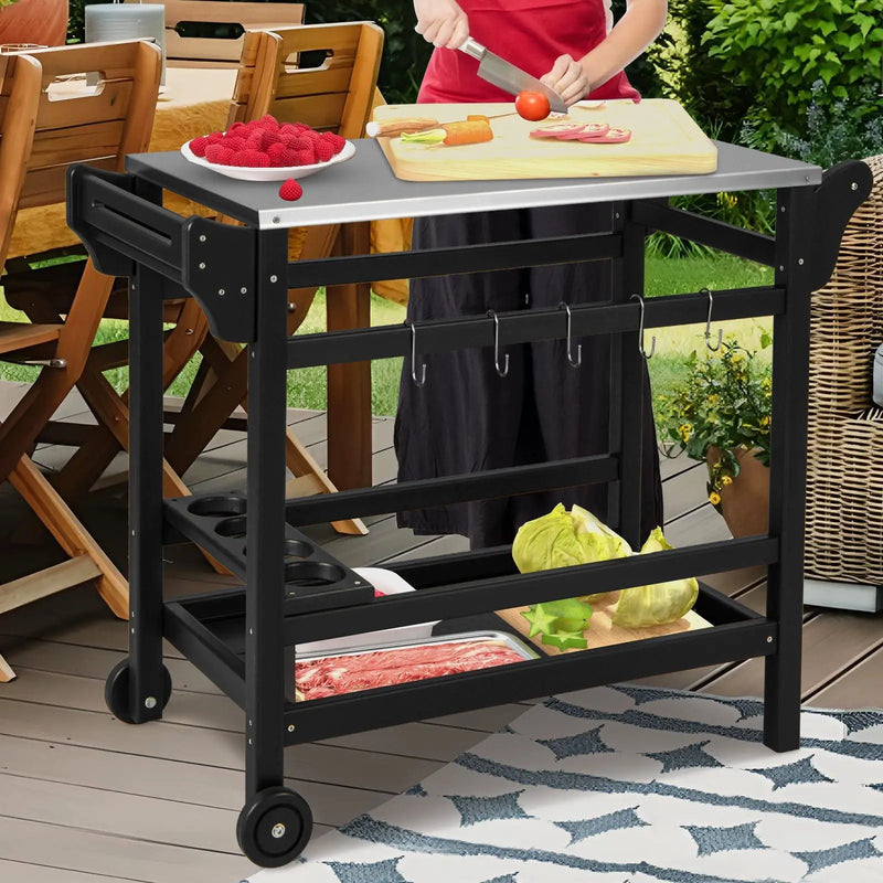 Movable Outdoor Dining Cart Table HDPE Pizza Oven Stand Table with Stainless Steel Tabletop-Black by DirectDeals