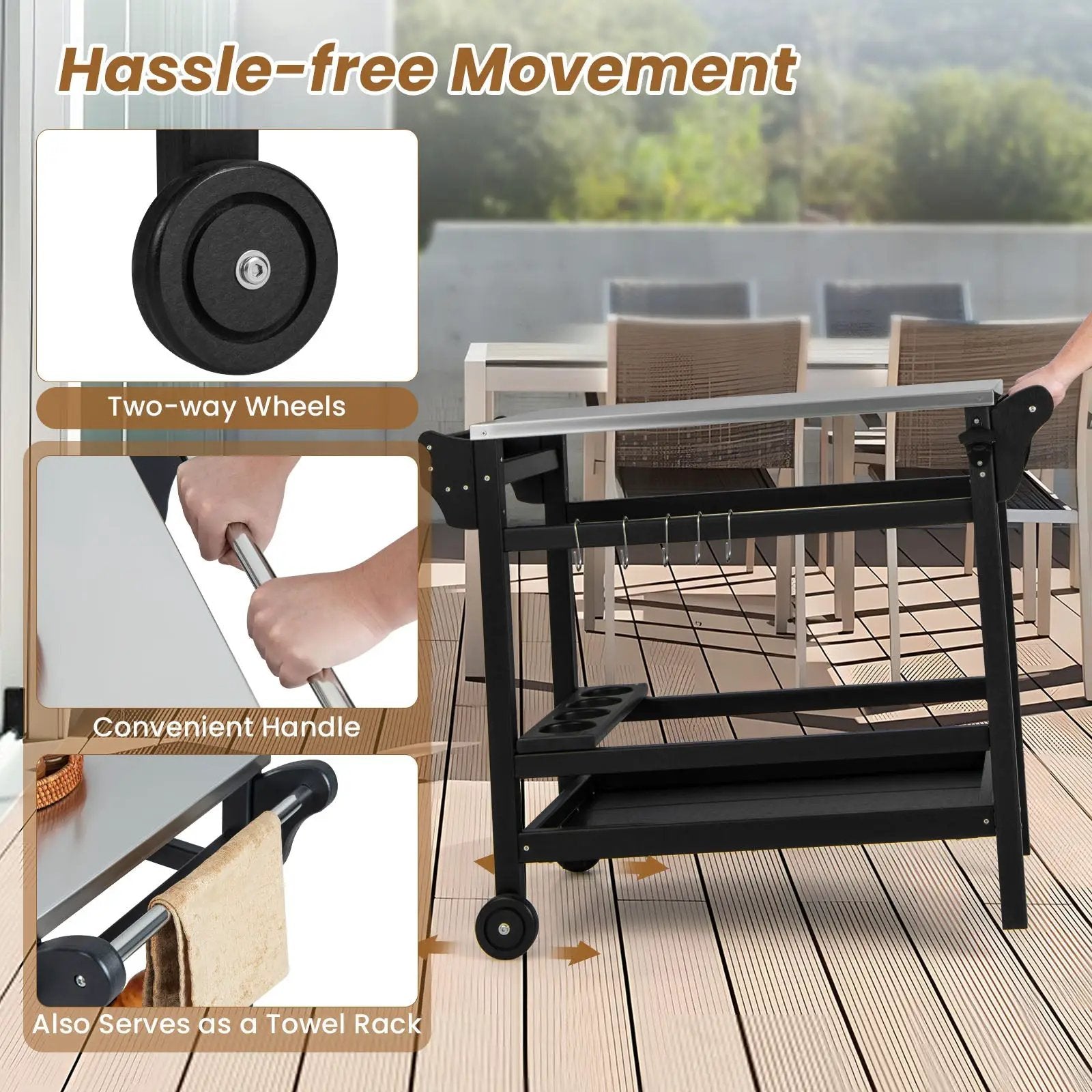 Movable Outdoor Dining Cart Table HDPE Pizza Oven Stand Table with Stainless Steel Tabletop-Black by DirectDeals