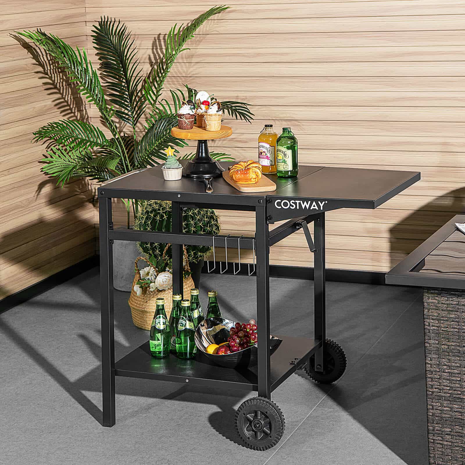Movable Outdoor Grill Cart with Folding Tabletop and Hooks-Black by DirectDeals