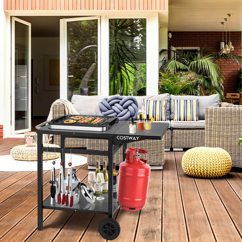 Movable Outdoor Grill Cart with Folding Tabletop and Hooks-Black by DirectDeals