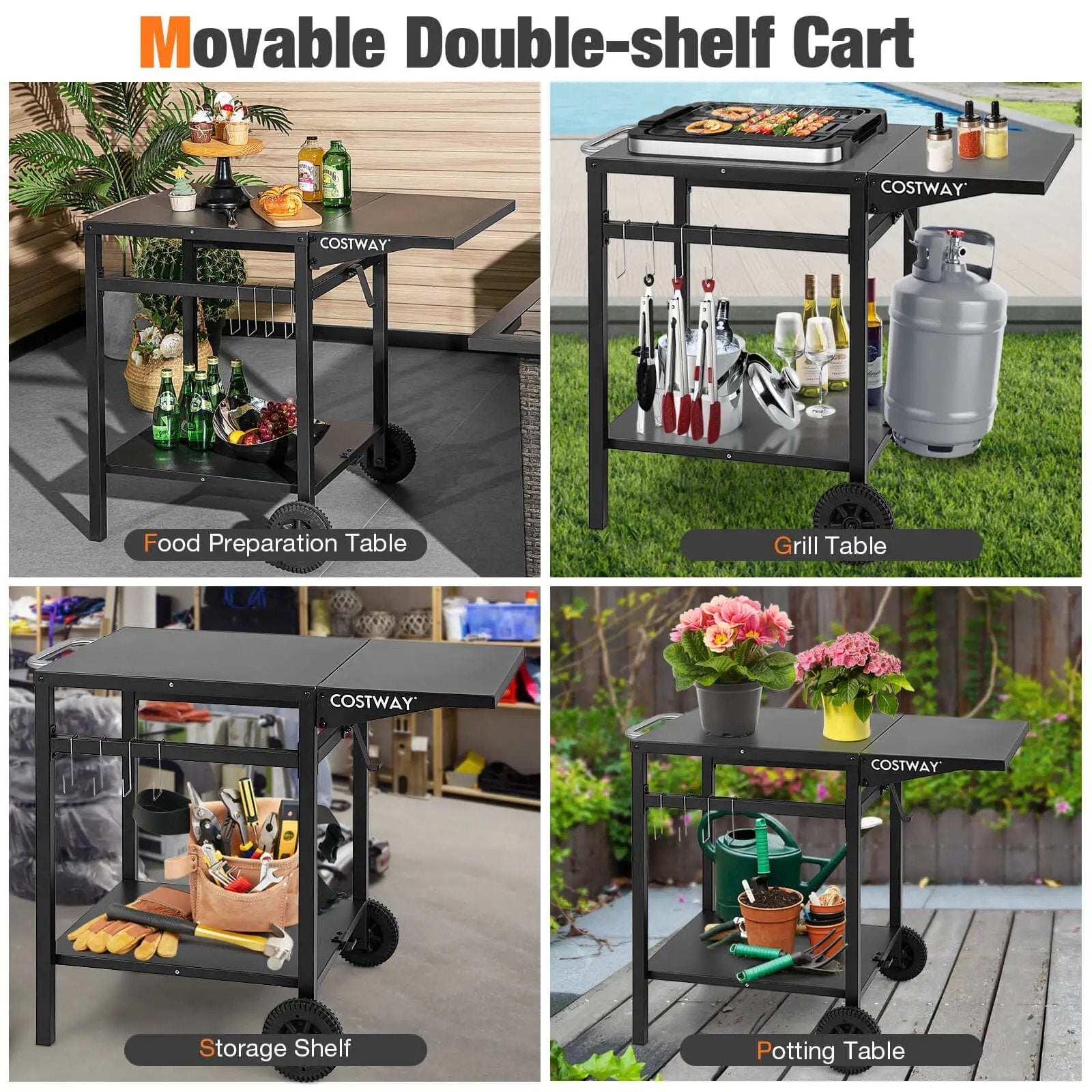 Movable Outdoor Grill Cart with Folding Tabletop and Hooks-Black by DirectDeals
