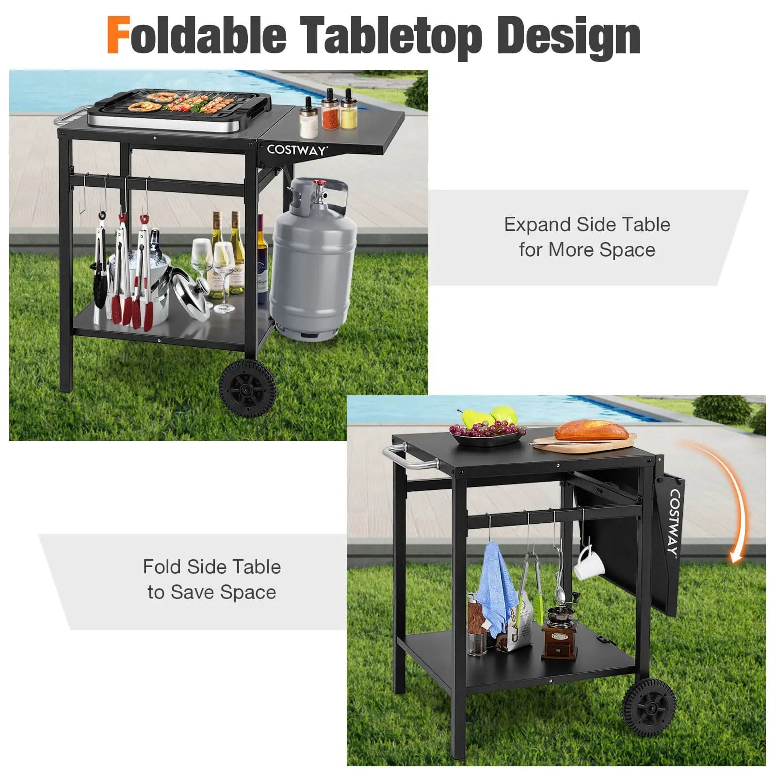 Movable Outdoor Grill Cart with Folding Tabletop and Hooks-Black by DirectDeals