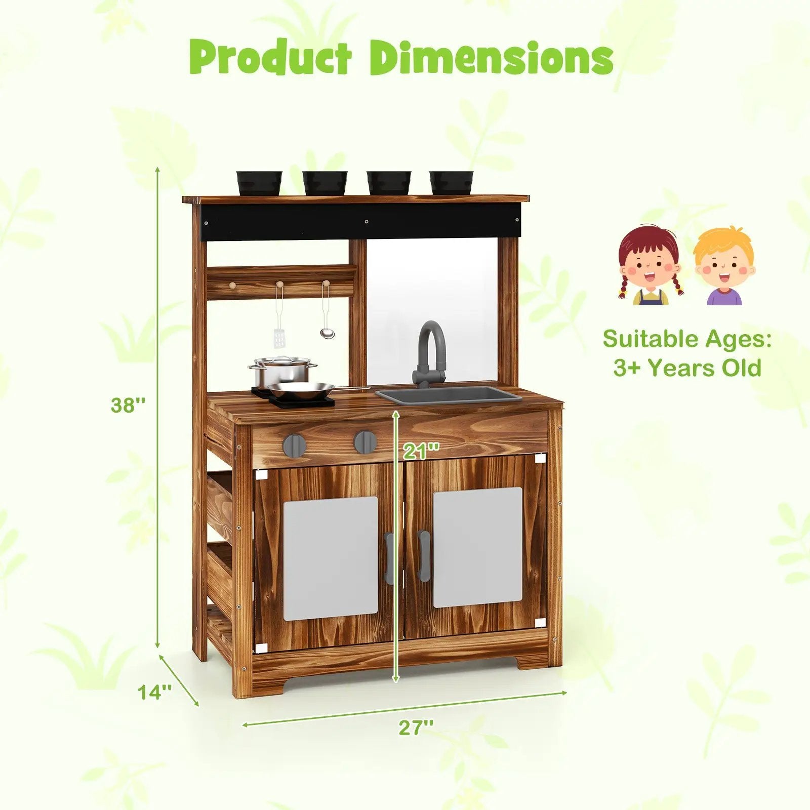 Mud Kitchen Fir Wood Play Kitchen with 4 Panting Pots Faucet Removable Sink-Natural by DirectDeals