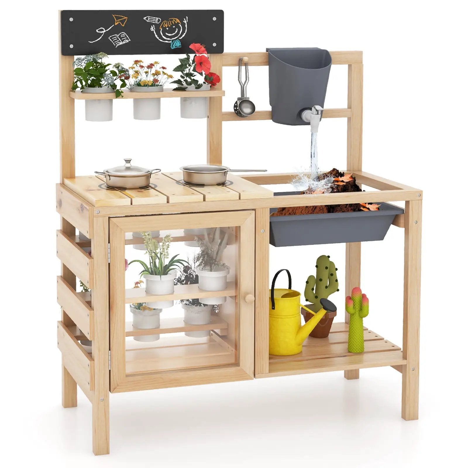 Mud Kitchen Playset with Sink and Plants Observation Room-Natural by DirectDeals