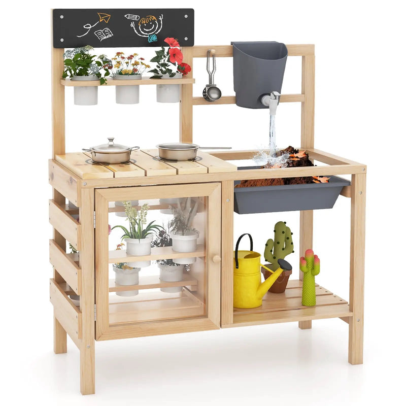 Mud Kitchen Playset with Sink and Plants Observation Room-Natural by DirectDeals