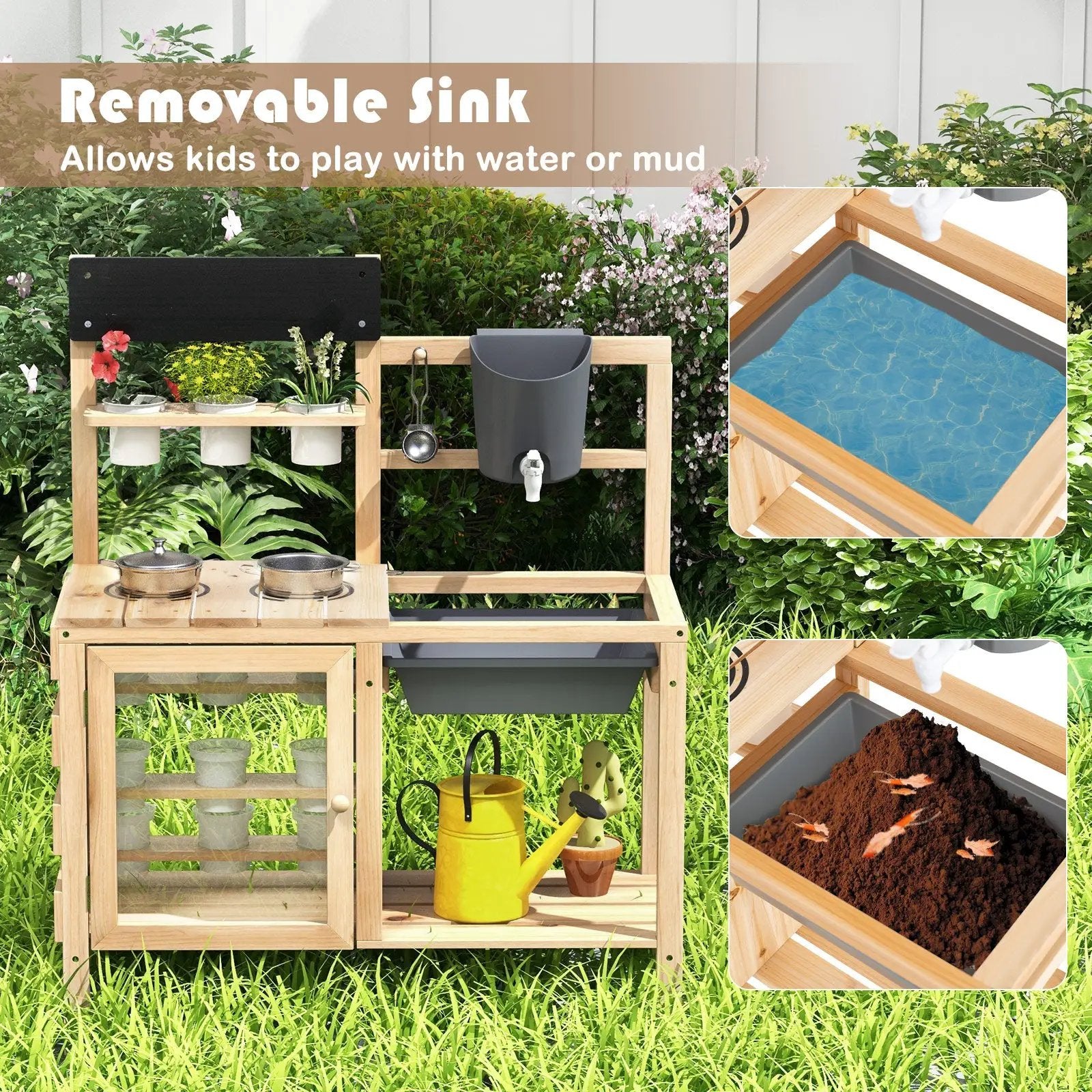 Mud Kitchen Playset with Sink and Plants Observation Room-Natural by DirectDeals