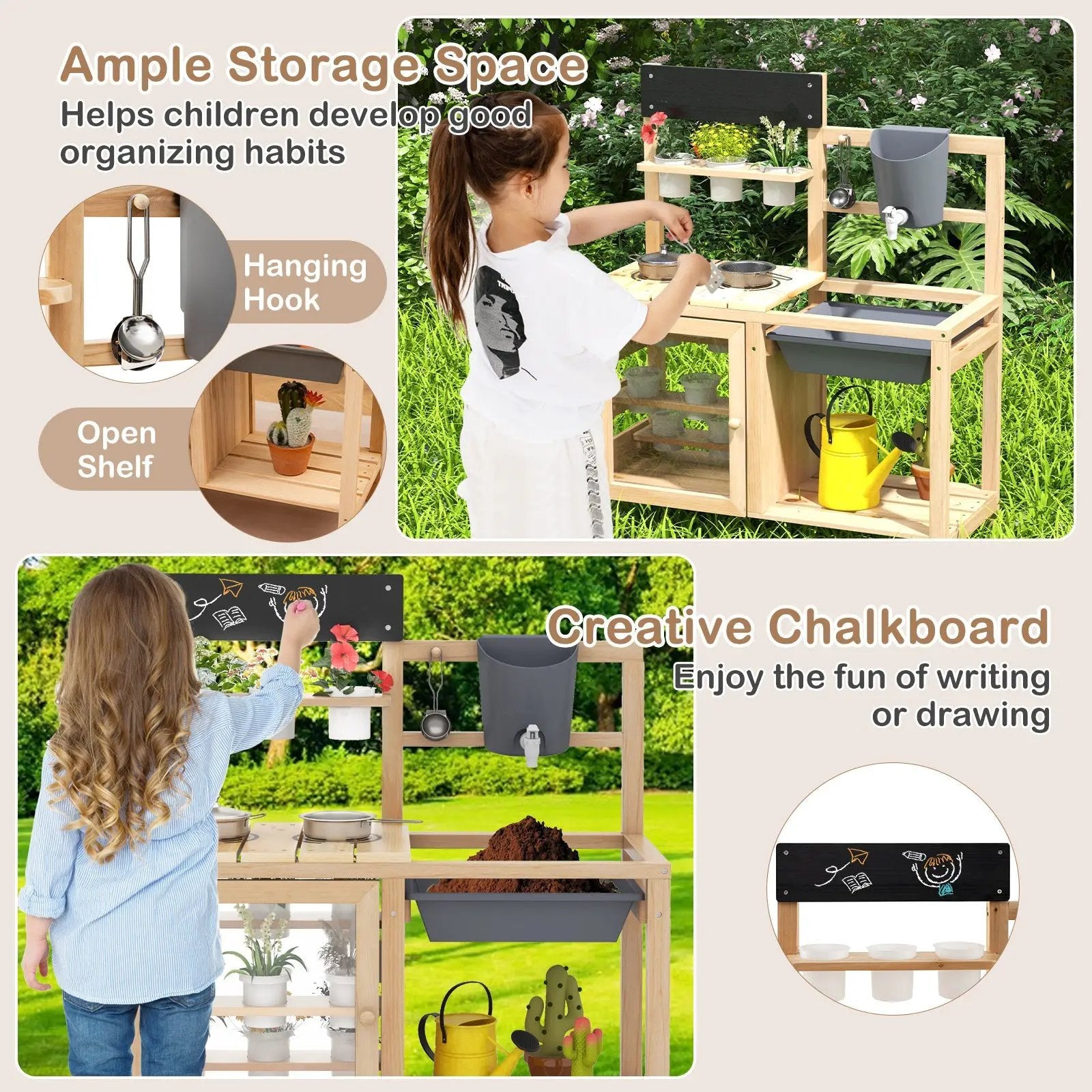 Mud Kitchen Playset with Sink and Plants Observation Room-Natural by DirectDeals