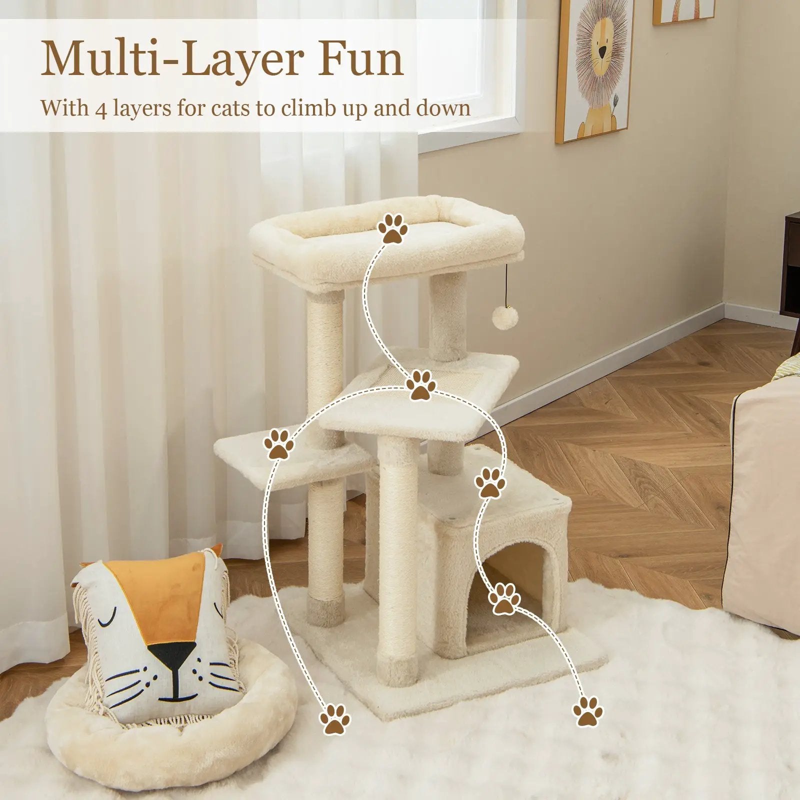 Cat Tree with Perch and Hanging Ball for Indoor Activity Play and Rest by DirectDeals
