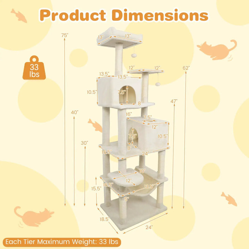 Multi-level Cat Tree Modern Cat Tower with Upholstered Perch and 2 Cat Condo by DirectDeals