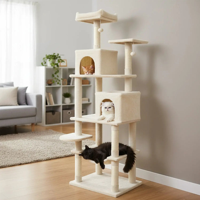 Multi-level Cat Tree Modern Cat Tower with Upholstered Perch and 2 Cat Condo by DirectDeals