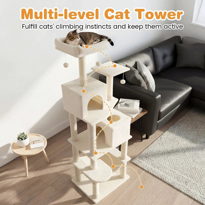 Multi-level Cat Tree Modern Cat Tower with Upholstered Perch and 2 Cat Condo by DirectDeals