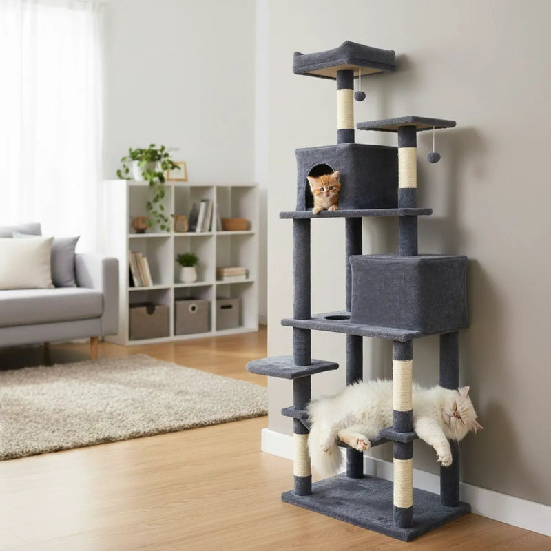 Multi-level Cat Tree Modern Cat Tower with Upholstered Perch and 2 Cat Condo by DirectDeals