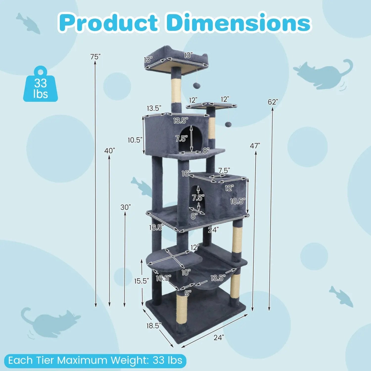 Multi-level Cat Tree Modern Cat Tower with Upholstered Perch and 2 Cat Condo by DirectDeals