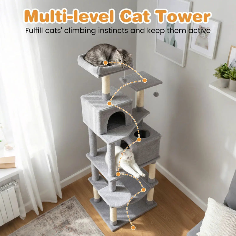 Multi-level Cat Tree Modern Cat Tower with Upholstered Perch and 2 Cat Condo by DirectDeals