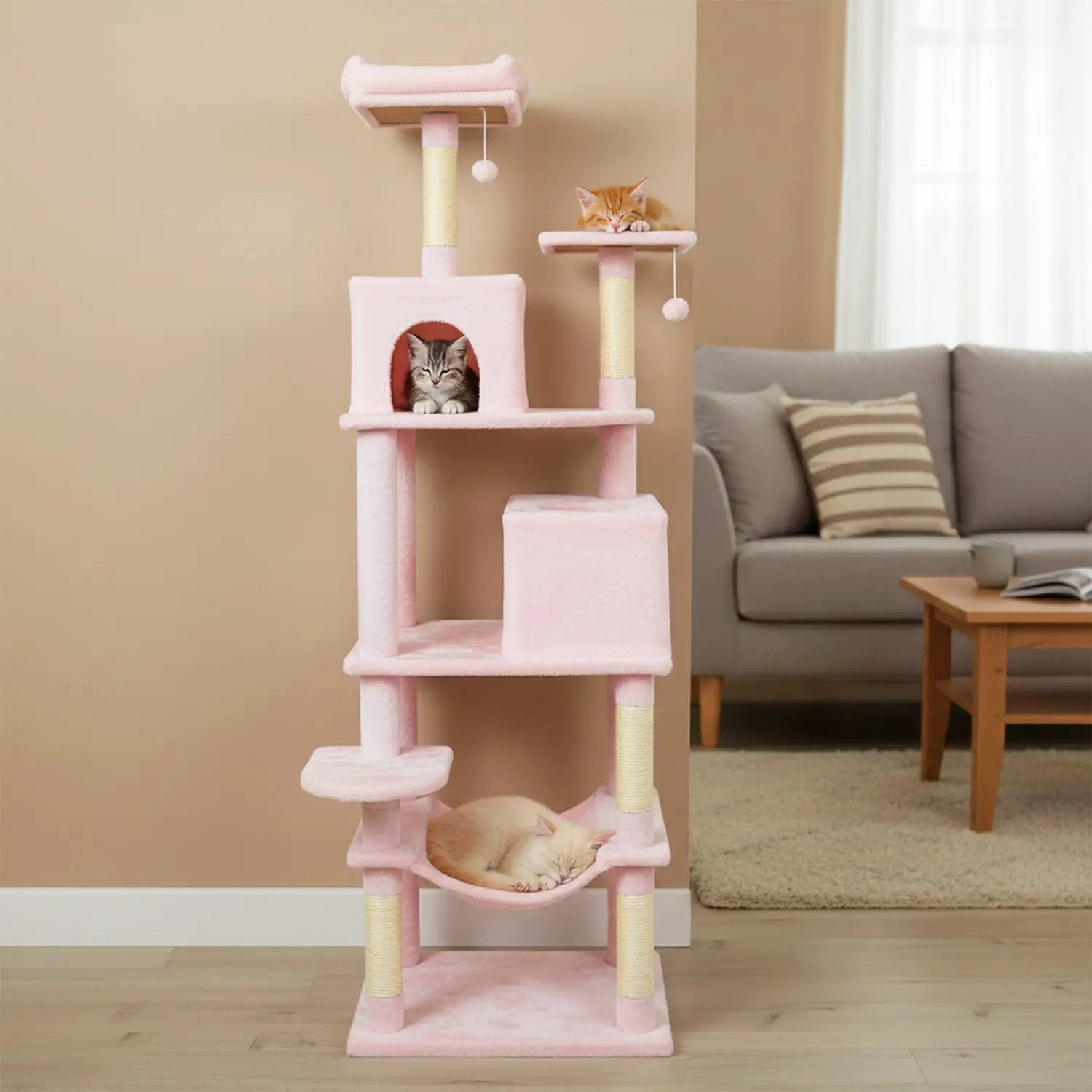 Multi-level Cat Tree Modern Cat Tower with Upholstered Perch and 2 Cat Condo by DirectDeals