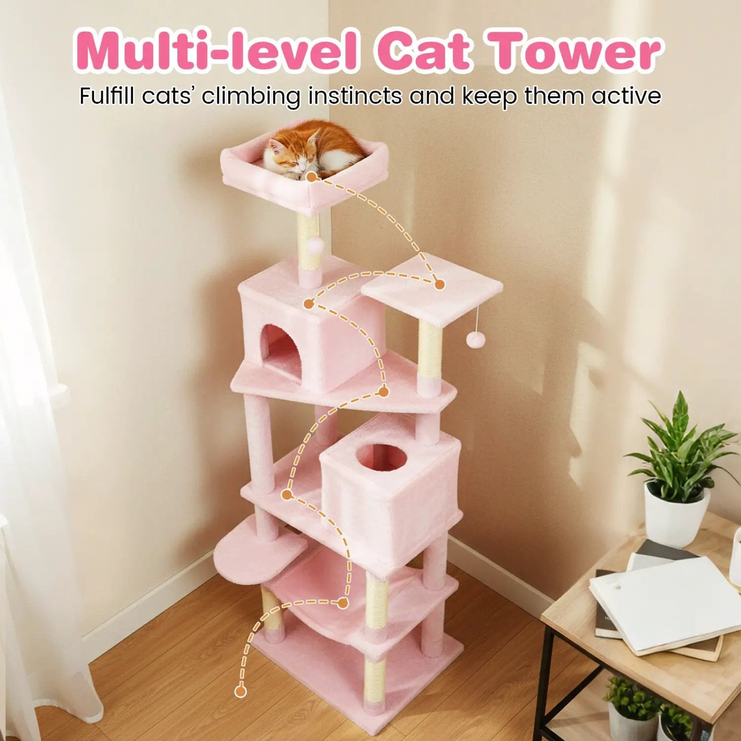 Multi-level Cat Tree Modern Cat Tower with Upholstered Perch and 2 Cat Condo by DirectDeals