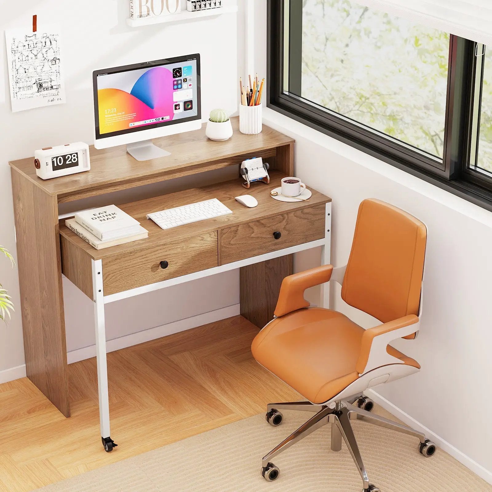 Extendable Computer Desk with Pull Out Secondary Desk-Natural by DirectDeals