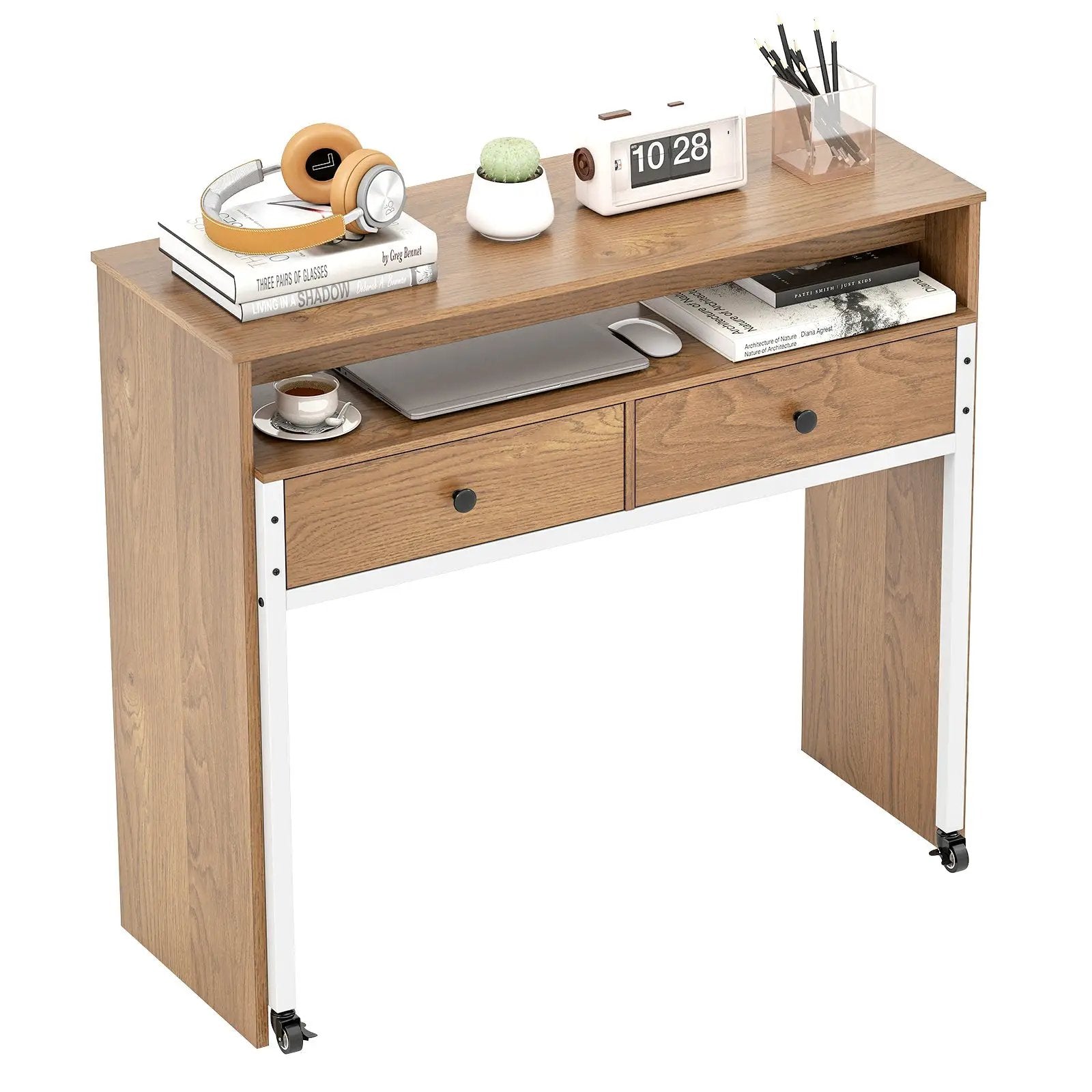 Extendable Computer Desk with Pull Out Secondary Desk-Natural by DirectDeals
