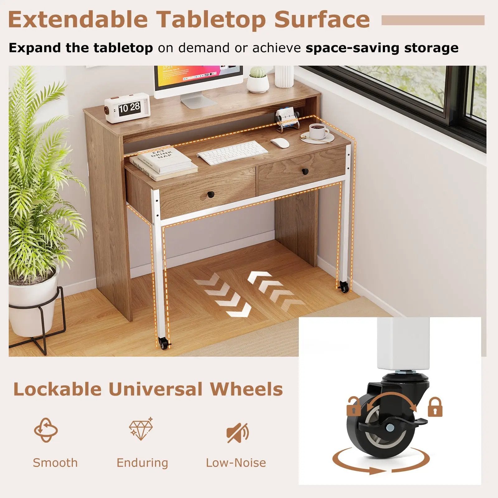 Extendable Computer Desk with Pull Out Secondary Desk-Natural by DirectDeals