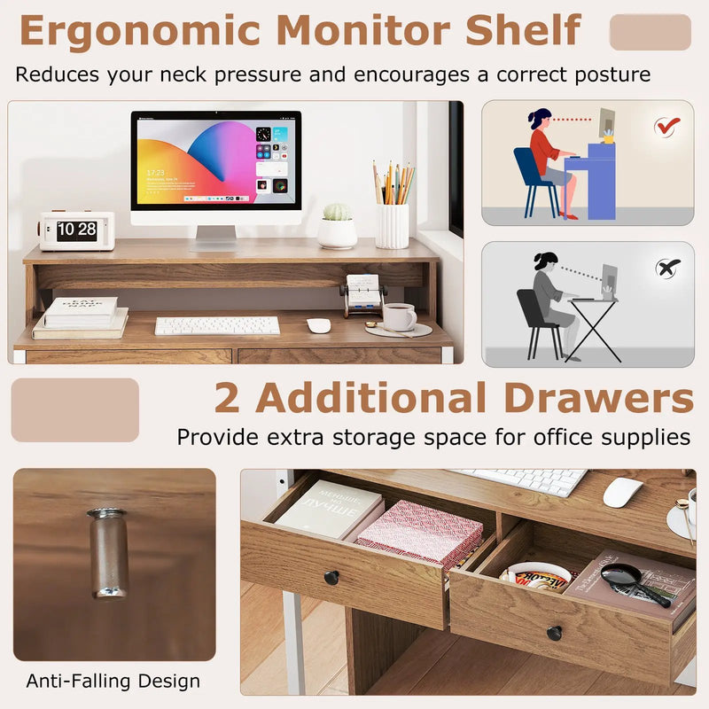 Extendable Computer Desk with Pull Out Secondary Desk-Natural by DirectDeals