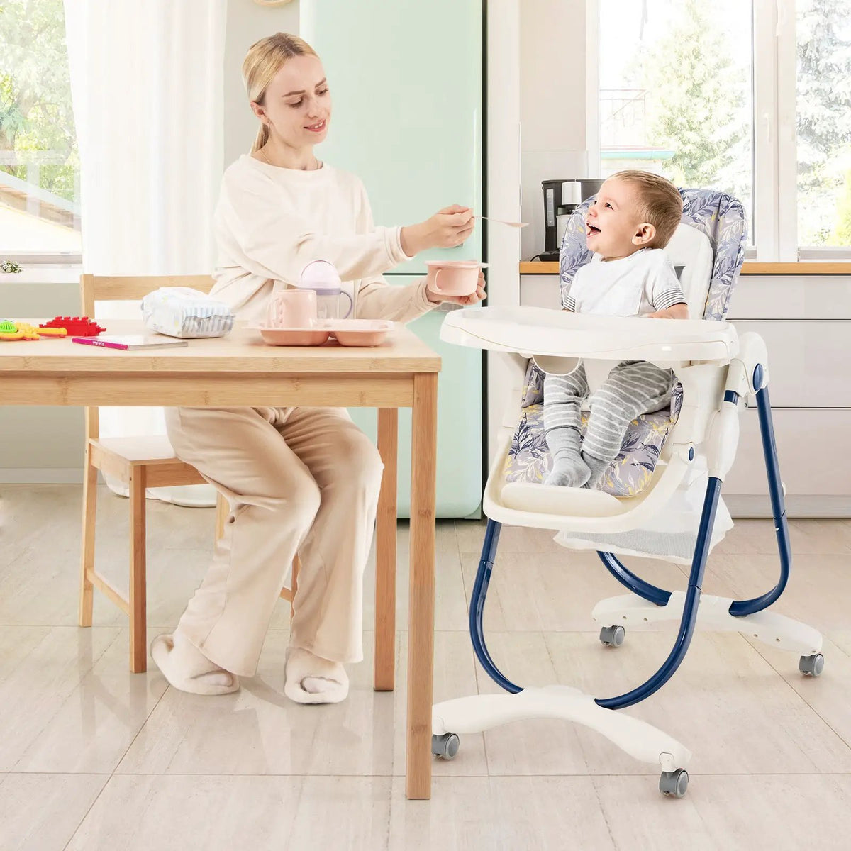 Multifunctional Folding Baby High Chair with Rolling Wheels and Adjustable Height, photo 4 of 32