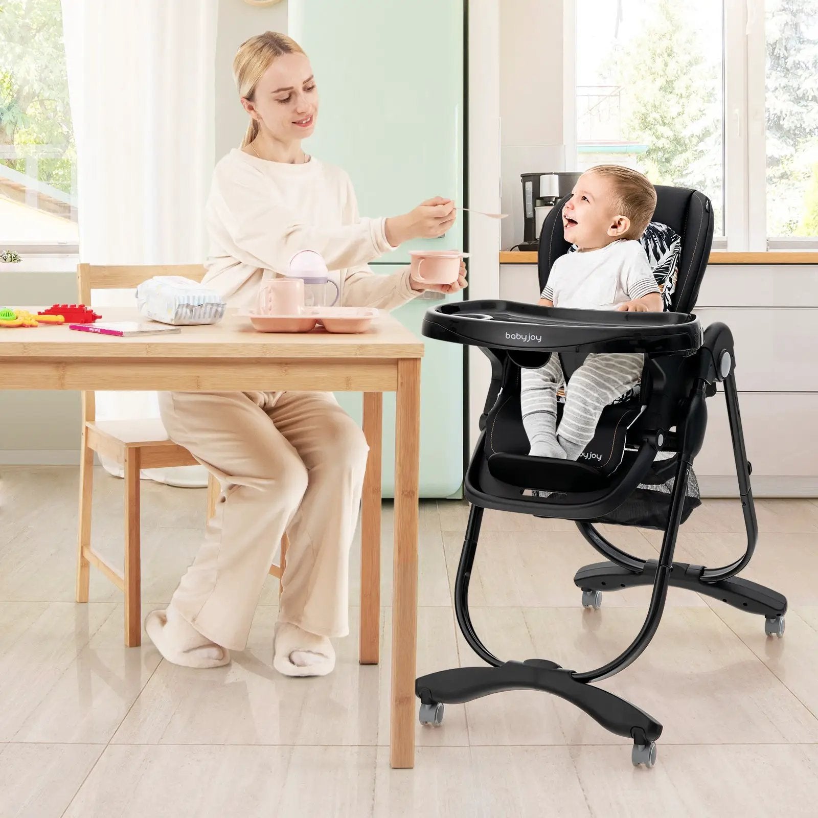 Multifunctional Folding Baby High Chair with Rolling Wheels and Adjustable Height by DirectDeals