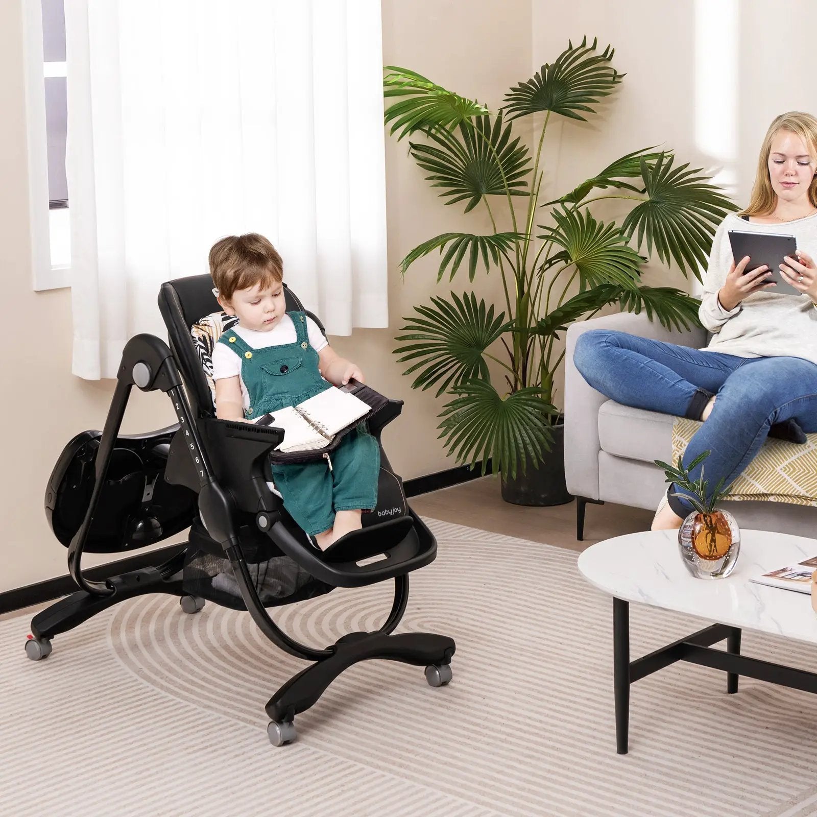 Multifunctional Folding Baby High Chair with Rolling Wheels and Adjustable Height by DirectDeals