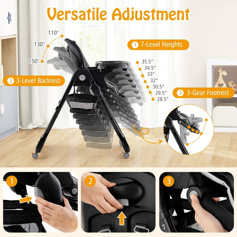 Multifunctional Folding Baby High Chair with Rolling Wheels and Adjustable Height by DirectDeals