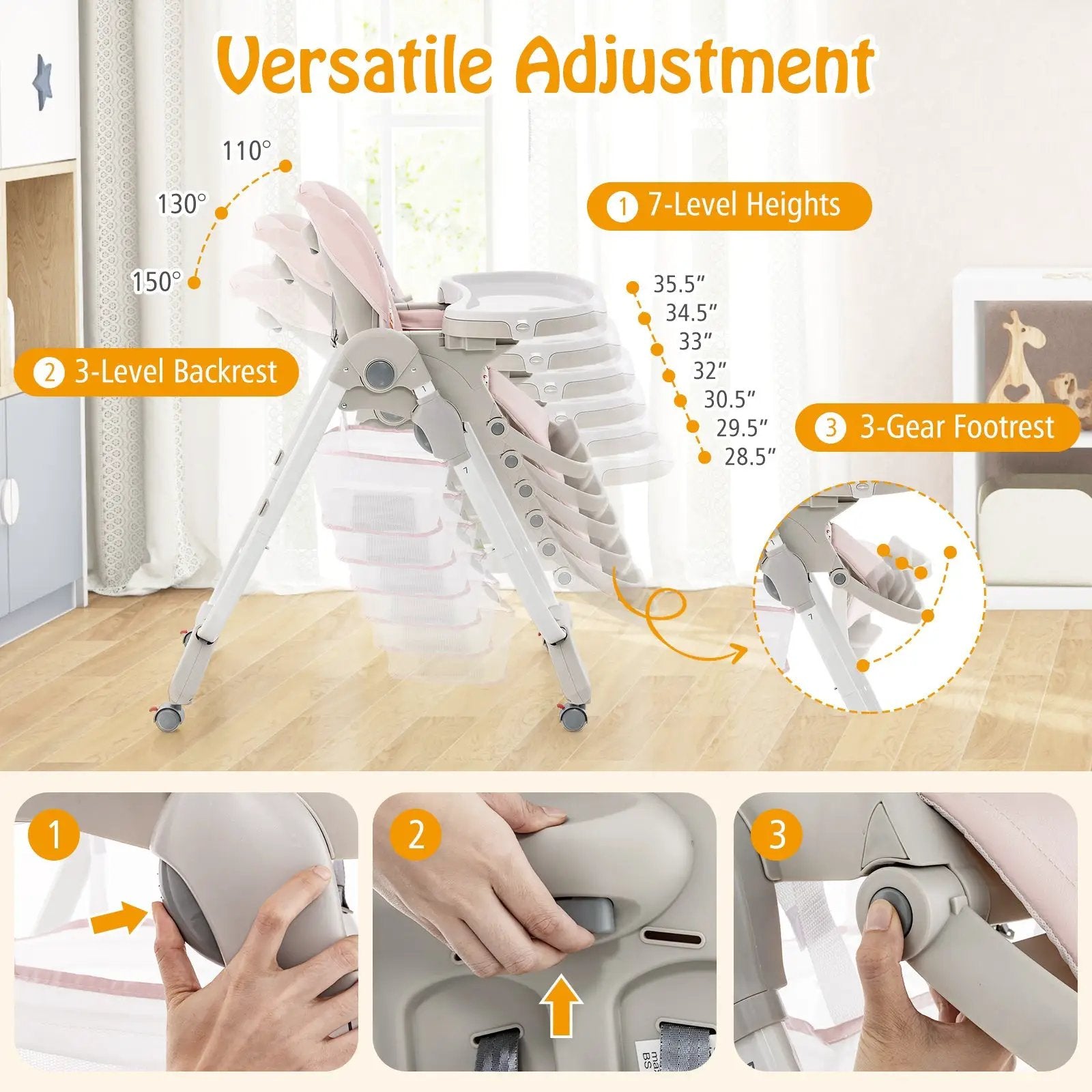 Multifunctional Folding Baby High Chair with Rolling Wheels and Adjustable Height by DirectDeals