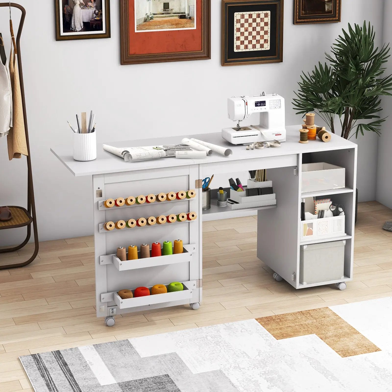 Multifunctional Folding Sewing Machine Craft Station with Storage Shelves-White by DirectDeals