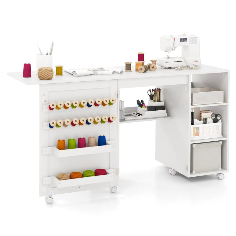 Multifunctional Folding Sewing Machine Craft Station with Storage Shelves-White by DirectDeals