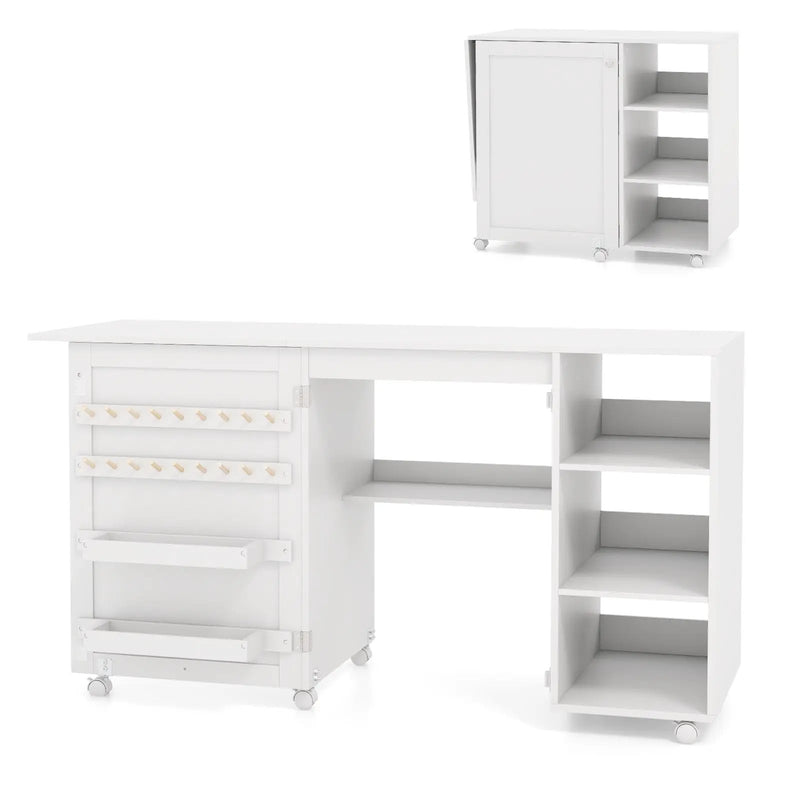 Multifunctional Folding Sewing Machine Craft Station with Storage Shelves-White by DirectDeals
