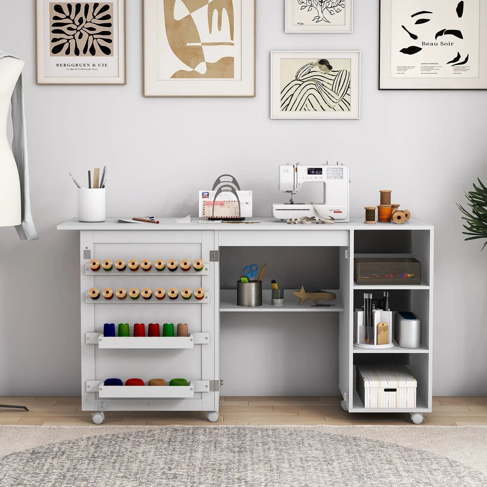 Multifunctional Folding Sewing Machine Craft Station with Storage Shelves-White by DirectDeals