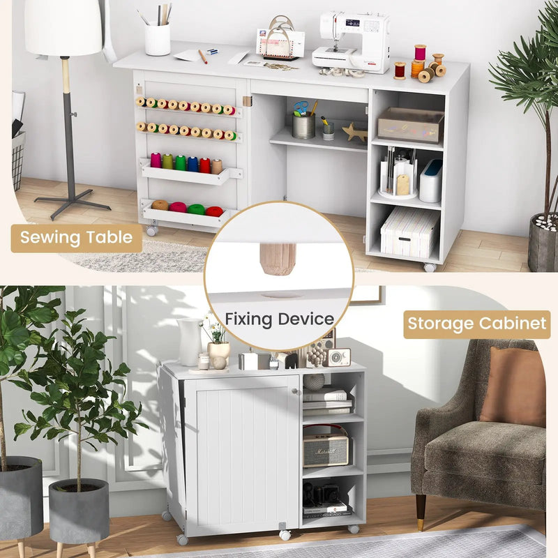 Multifunctional Folding Sewing Machine Craft Station with Storage Shelves-White by DirectDeals