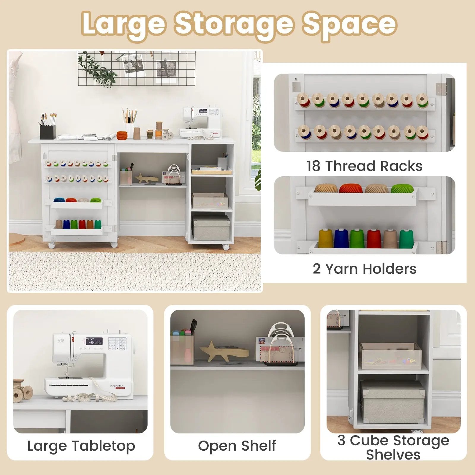 Multifunctional Folding Sewing Machine Craft Station with Storage Shelves-White by DirectDeals